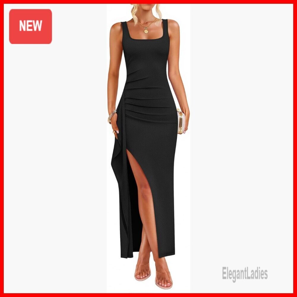 Sleeveless Formal Maxi Dress Ribbed Square Neck High Split Bodycon Long